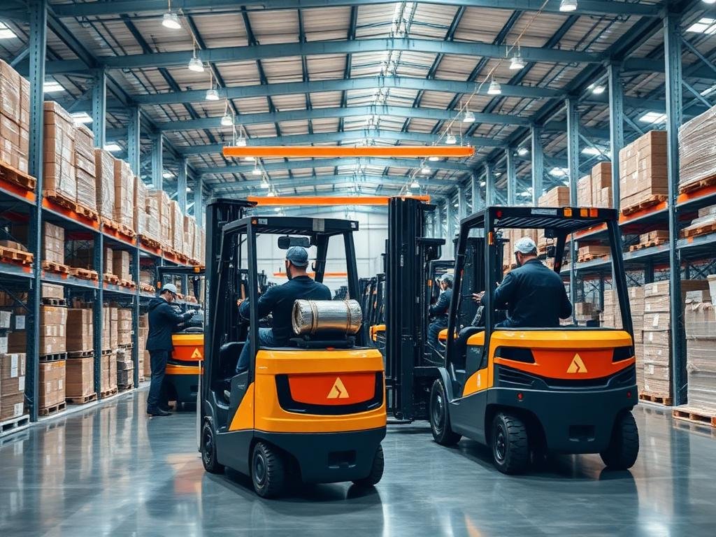 Equipe Rental MG trabalhando com empilhadeiras em armazém moderno
